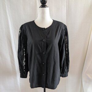 Black Blouse Lace Stripe Balloon Sleeves  Small Medium Whimsigoth Japanese Tokyo